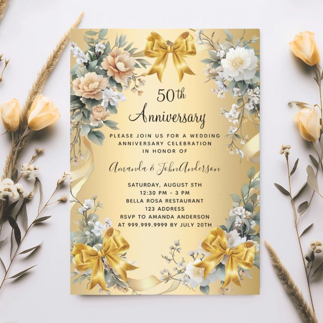 Invitation 50e anniversaire mariage florifères jaunes arcs or (Créateur téléchargé)