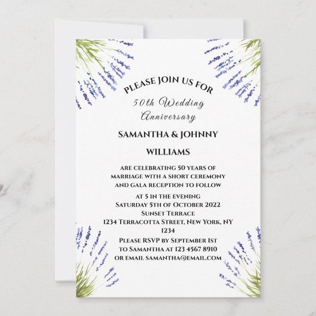 Invitation 50e anniversaire Mariage Lavande florale Rustique (Devant)
