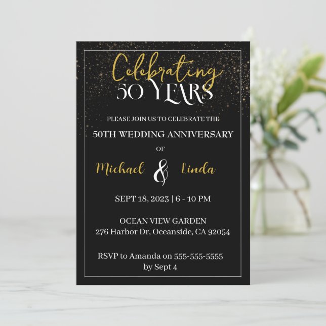 Invitation 50e Anniversaire Mariage Noir Or Or (Debout devant)
