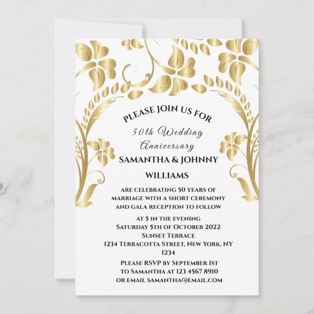 Invitation 50e anniversaire Mariage or botanique floral (Devant)