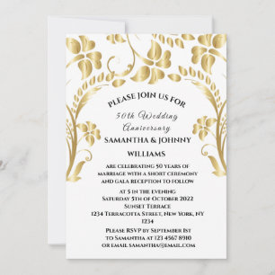 Invitation 50e anniversaire Mariage or botanique floral