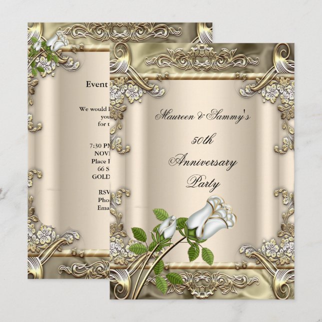 Invitation 50e Anniversaire Mariage Rose Or Beige (Devant / Derrière)