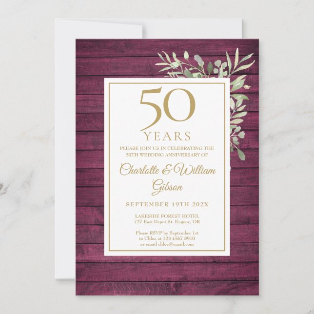 Invitation 50e anniversaire Mariage Rustique Rouge Bois vert (Devant)
