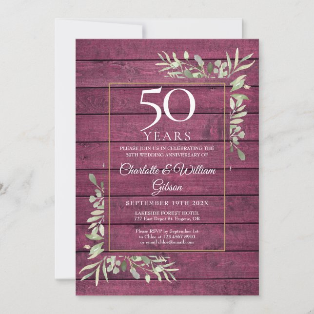 Invitation 50e anniversaire Mariage verdure rustique bois rou (Devant)