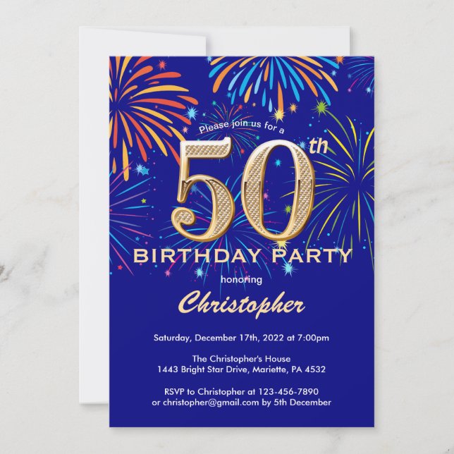 Invitation 50e anniversaire Marine Blue and Gold Rainbow Fire (Devant)
