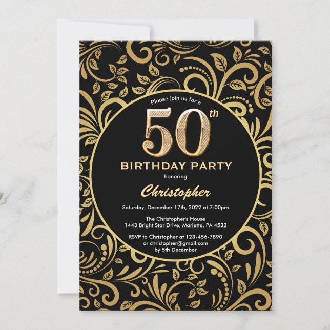 Invitation 50e anniversaire Modèle floral noir et or (Devant)