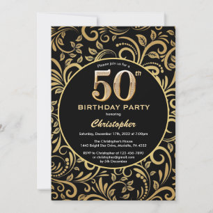 Invitation 50e anniversaire Modèle floral noir et or