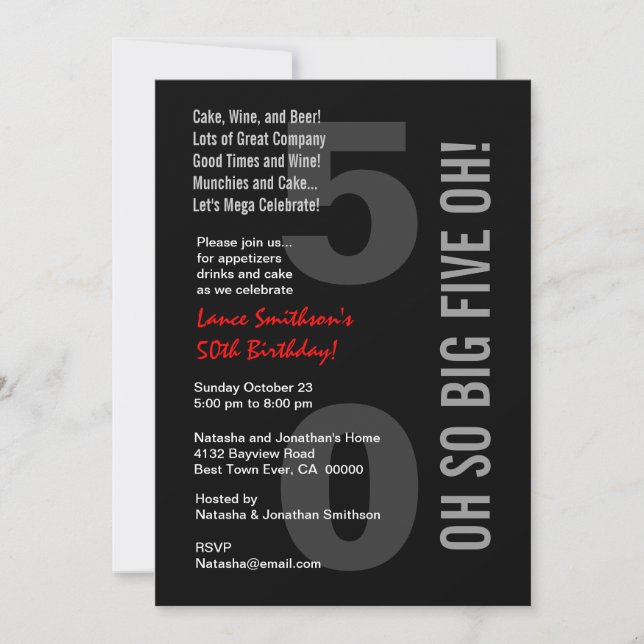 Invitation 50e anniversaire moderne Black White Red 5 OH! (Devant)