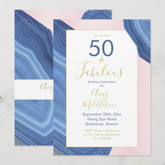 Invitation 50e Anniversaire Moderne Bleu Rose Agate Roche Min (Devant / Derrière)