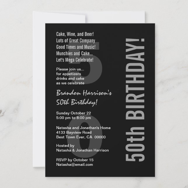 Invitation 50e anniversaire moderne noir blanc argent V31 (Devant)
