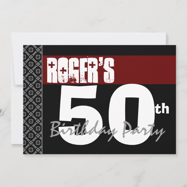 Invitation 50e anniversaire Moderne pour lui Rouge Blanc Noir (Devant)