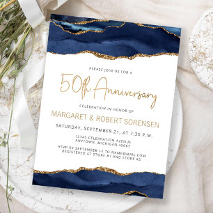 Invitation 50e anniversaire Navy Blue Gold Agate