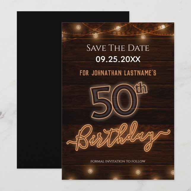 Invitation 50e anniversaire Neon Enregistrer la date Invitati (Devant / Derrière)