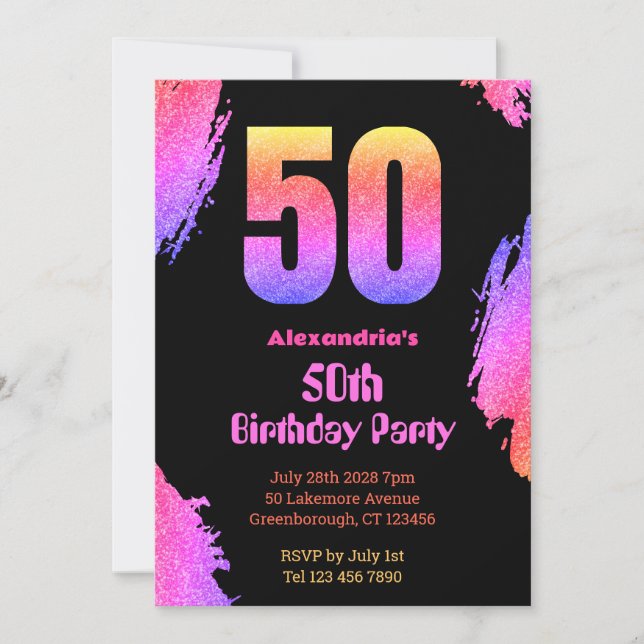 Invitation 50e anniversaire neon rose parties scintillant inv (Devant)