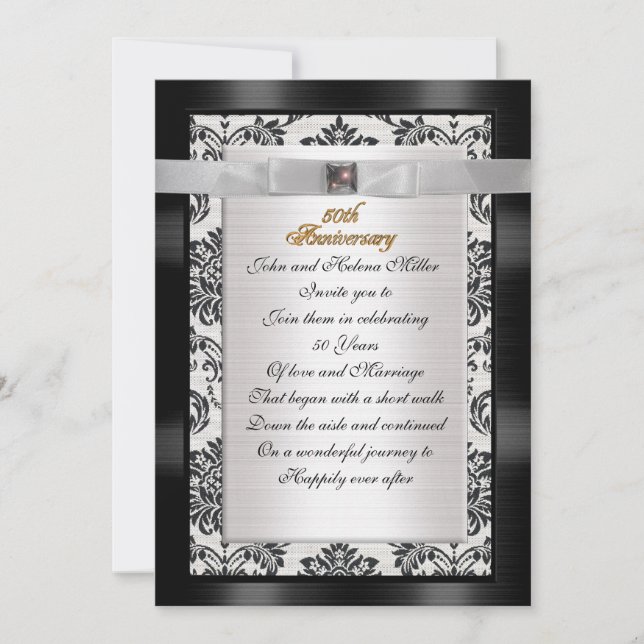 Invitation 50e anniversaire noir blanc damas (Devant)
