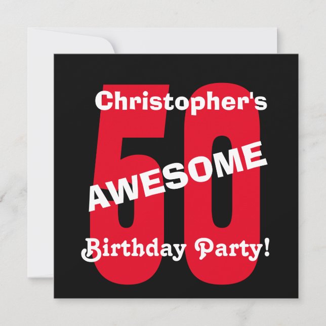 Invitation 50e anniversaire Noir Blanc Rouge Design de texte  (Devant)