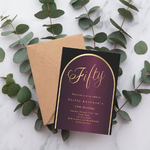 Invitation 50e anniversaire noir bordeaux or arc script