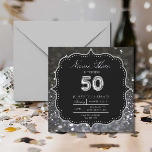 Invitation 50e anniversaire noir d'argent élégant (Créateur téléchargé)