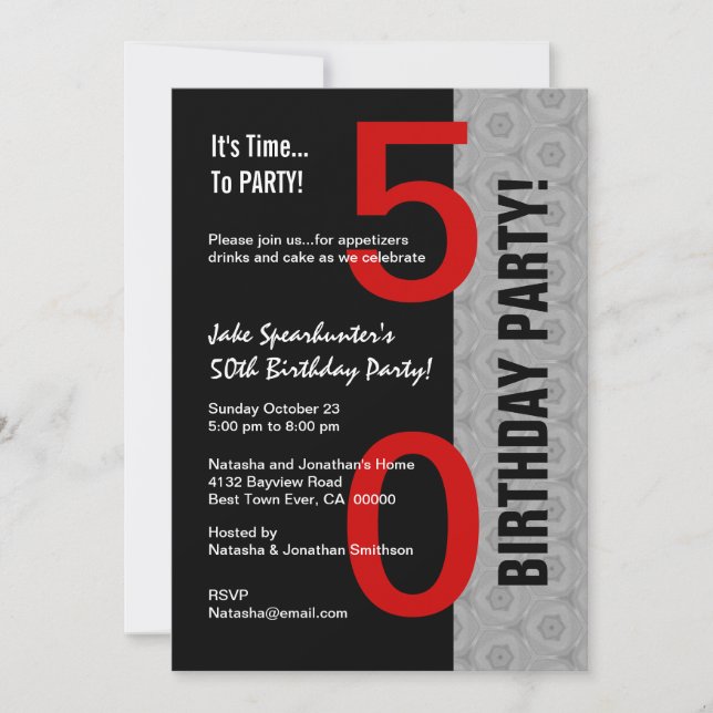 Invitation 50e Anniversaire Noir d'argent rouge moderne W1792 (Devant)