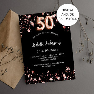 Invitation 50e anniversaire noir rose étoiles d'or