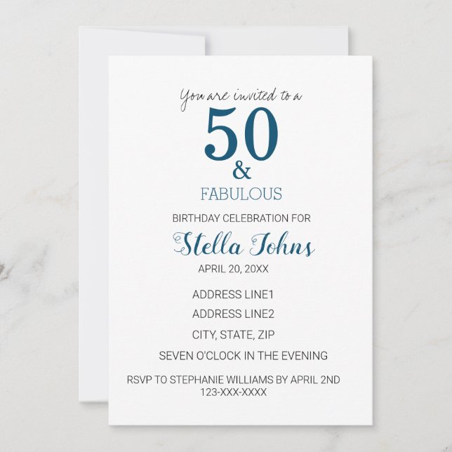 Invitation 50e anniversaire Ocean Blue Minimal élégant Cinqua (Devant)