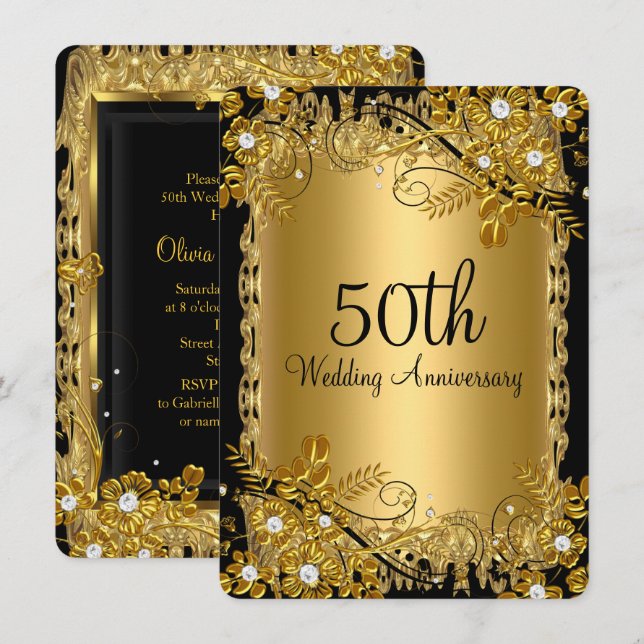 Invitation 50e Anniversaire Or Diamant noir floral torale (Devant / Derrière)