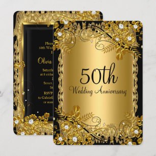 Invitation 50e Anniversaire Or Diamant noir floral torale