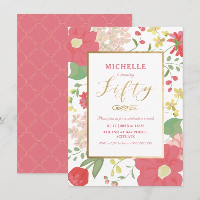 Invitation 50e Anniversaire - Or, Elégant Floral (Devant / Derrière)