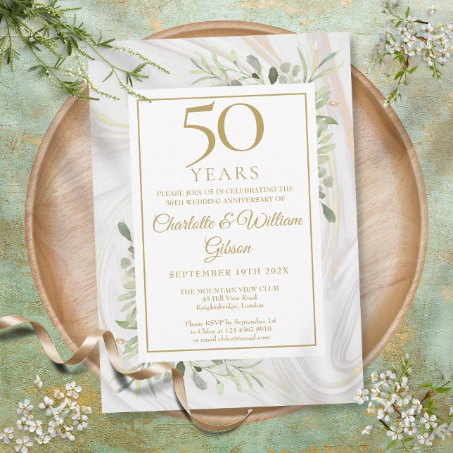 Invitation 50e Anniversaire Or Rose Marbre de Feuillage (50th Gold Anniversary Rose Gold Marble Greenery Invitation)