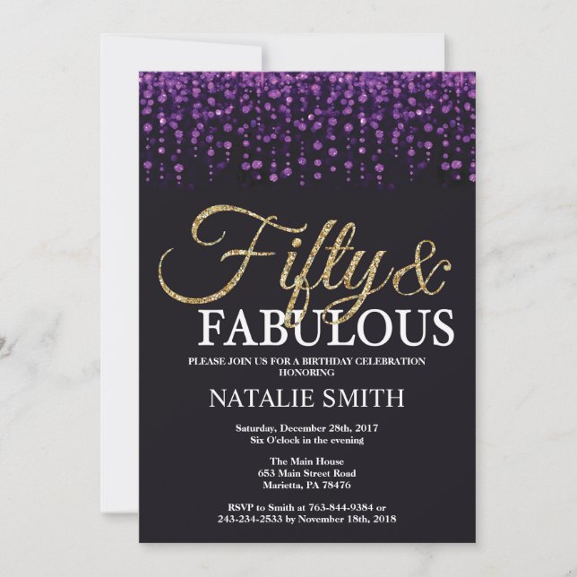 Invitation 50e anniversaire Parties scintillant violet et or (Devant)