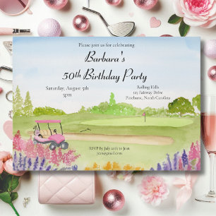 Invitation 50e Anniversaire Party Pink Golf Cart Golf Course