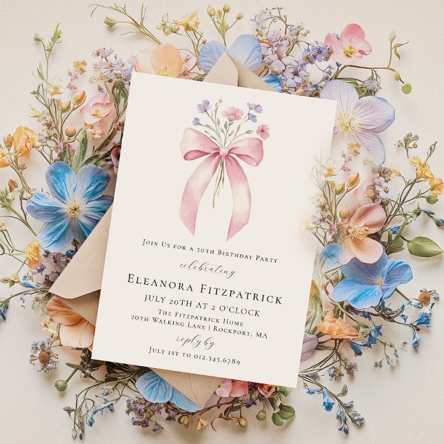 Invitation 50e anniversaire Pink Coquette Bow Fleur sauvage (Créateur téléchargé)