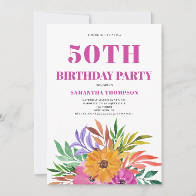 Invitation 50e anniversaire Pink Tropical Floral (Devant)