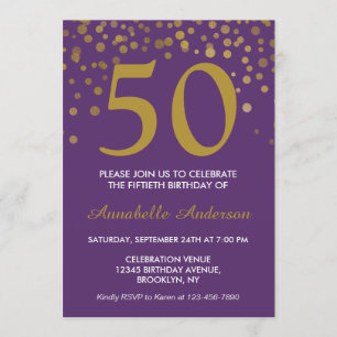 Invitation 50e Anniversaire Purple Gold Confetti Dot Retro Ch
