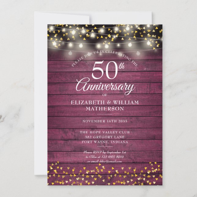Invitation 50e Anniversaire Red Rustic Wood Gold Hearts (Devant)