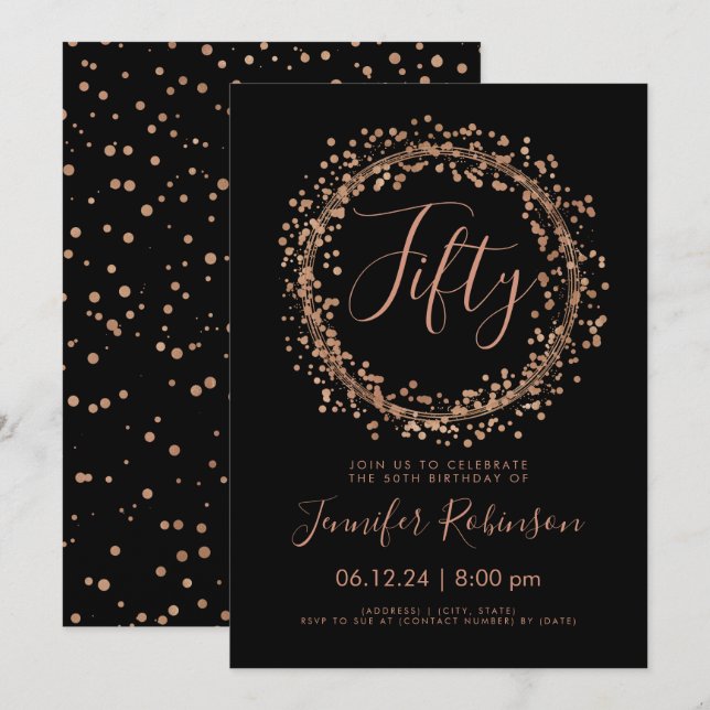 Invitation 50e anniversaire Rose de fête Gold Black Confetti (Devant / Derrière)