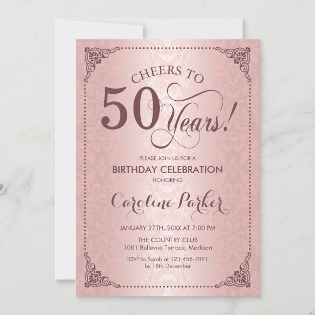 Invitation 50e anniversaire - Rose Gold Damask (Devant)