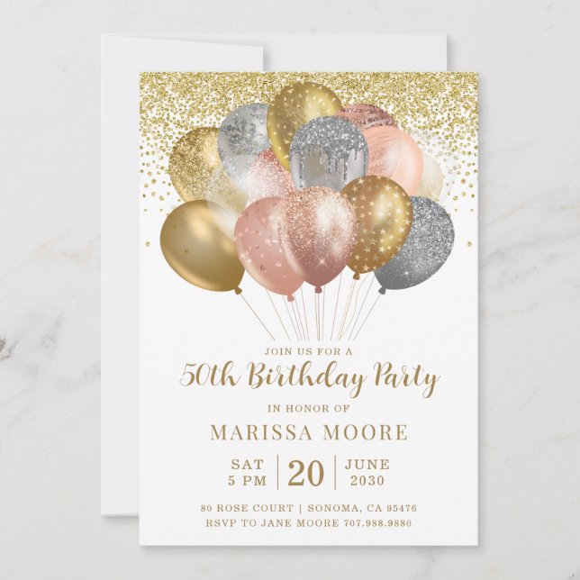 Invitation 50e anniversaire Rose Parties scintillant or et or (Devant)