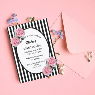 Invitation 50e anniversaire rose roses noir blanc rayures