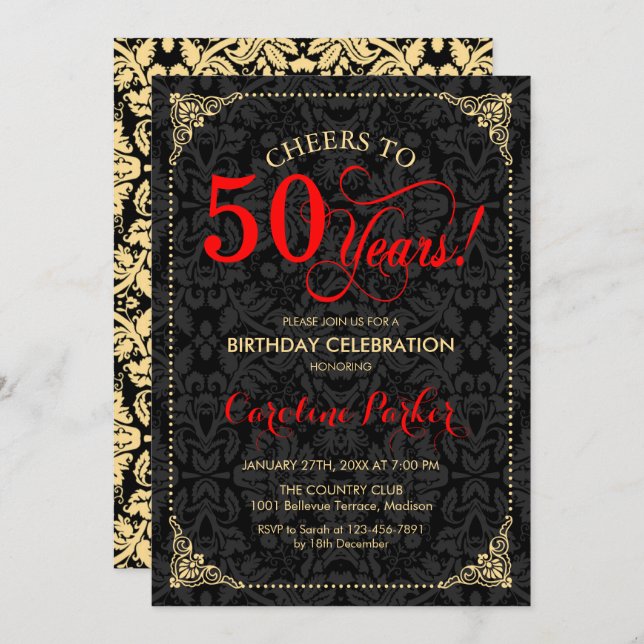 Invitation 50e anniversaire - Rouge Gold Black Damask (Devant / Derrière)