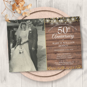 Invitation 50e anniversaire Rustic Gold Hearts Mariage Photo