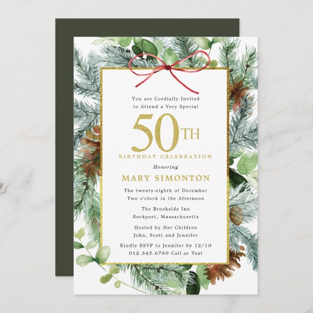 Invitation 50e anniversaire Rustic Winter Botanical (Devant / Derrière)