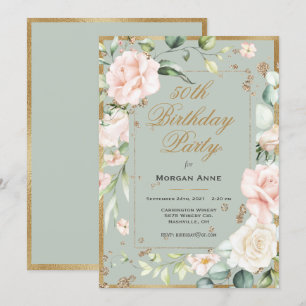 Invitation 50e anniversaire Sage Vert or Aquarelle Floral
