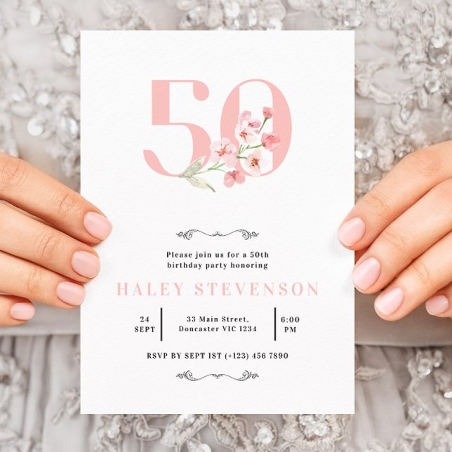 Invitation 50e anniversaire Simple rose & blanc Floral Élégan (Créateur téléchargé)