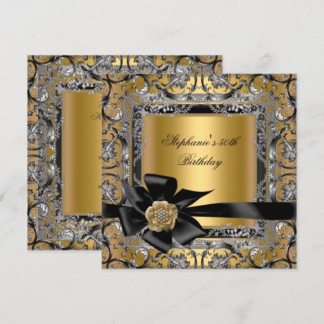 Invitation 50e Anniversaire Soirée Gold Bow Noir Argent (Devant / Derrière)