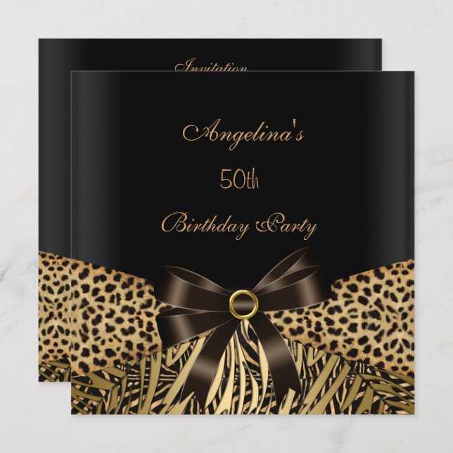 Invitation 50e Anniversaire Soirée Gold Leopard Brown Noir (Devant / Derrière)