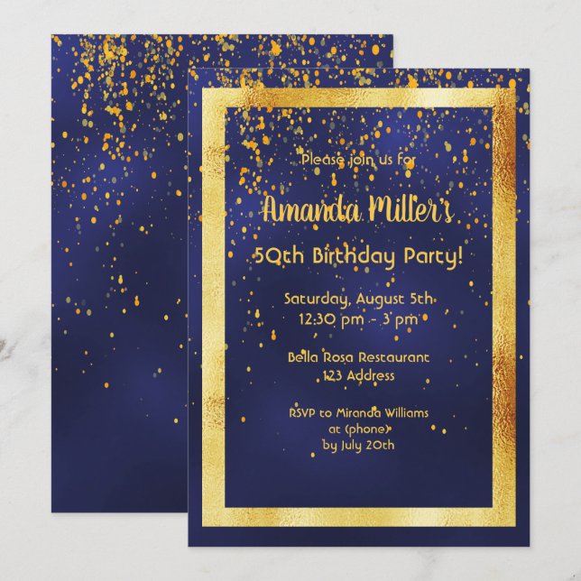 Invitation 50e anniversaire sur cadre bleu or de minuit (Devant / Derrière)