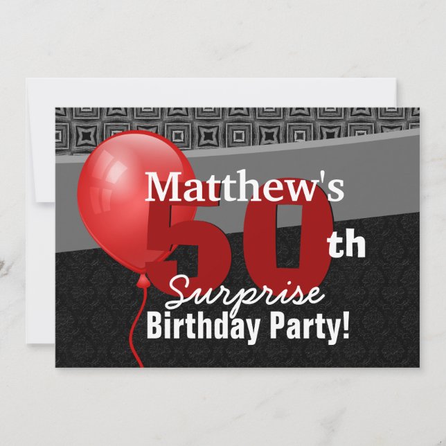 Invitation 50e Anniversaire Surprise Balloon rouge noir Y327 (Devant)