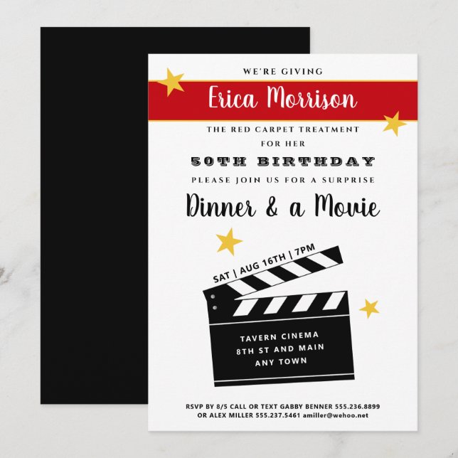 Invitation 50e anniversaire Surprise Diner & Movie Party (Devant / Derrière)