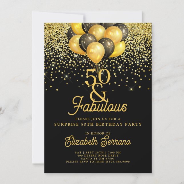 Invitation 50e anniversaire Surprise Party Gold Black Parties (Devant)